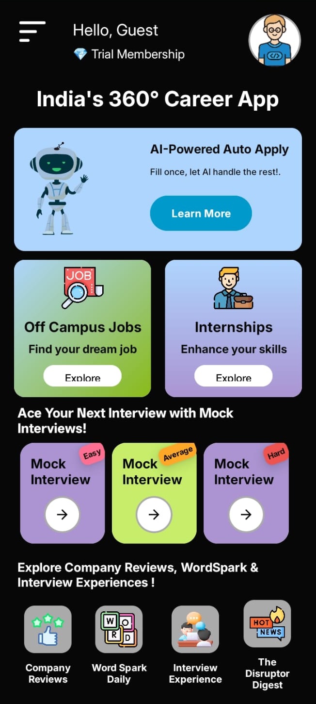 Off Camp app showing off campus jobs and internships for freshers